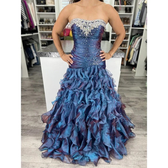 Tony Bowls Blue Iridescent Strapless Formal Pageant Gown $795 - Picture 1 of 12